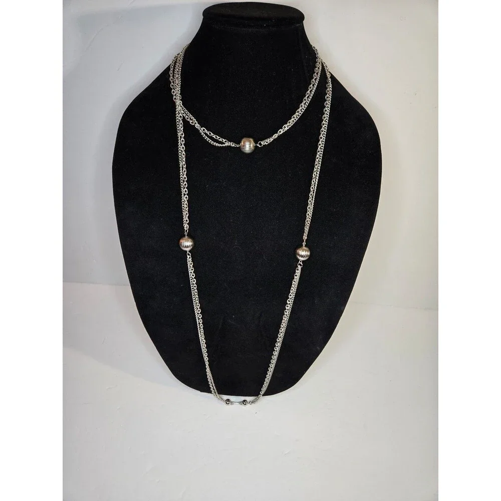 Long Silver Tone Necklace Silver Tone Circular Beads